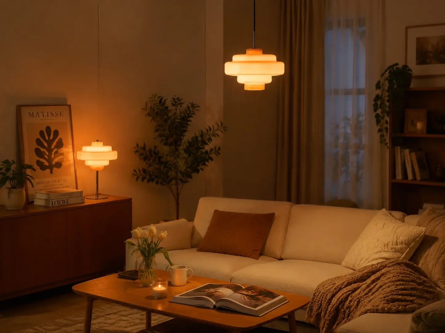 Complete pendant and table lamp glowing in a living room at night