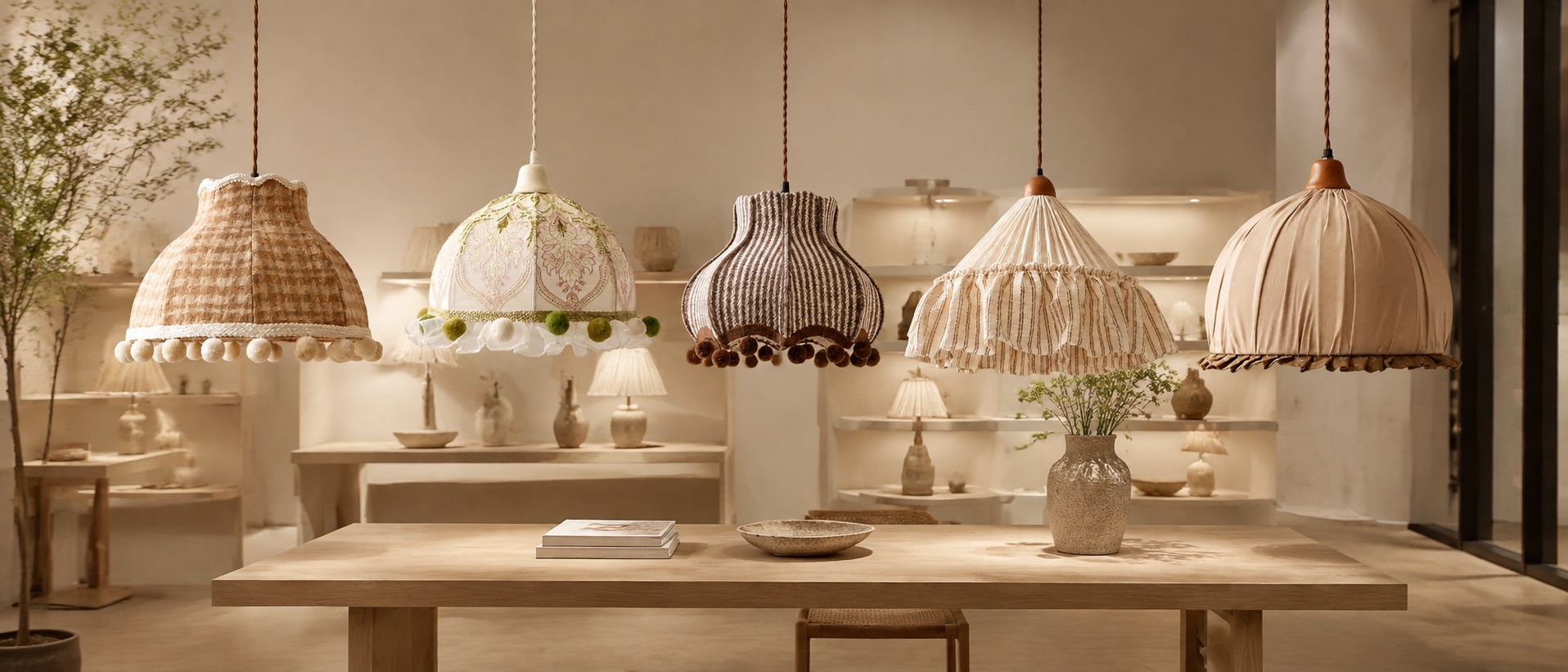 Complete textile pendant lights in a warm showroom