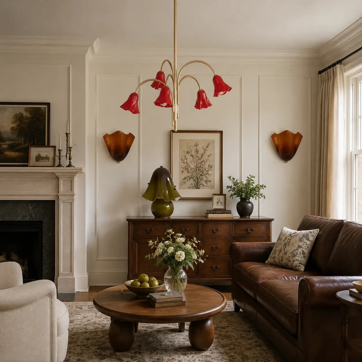 Complete red flower chandelier, wall lights and table lamp in a living room
