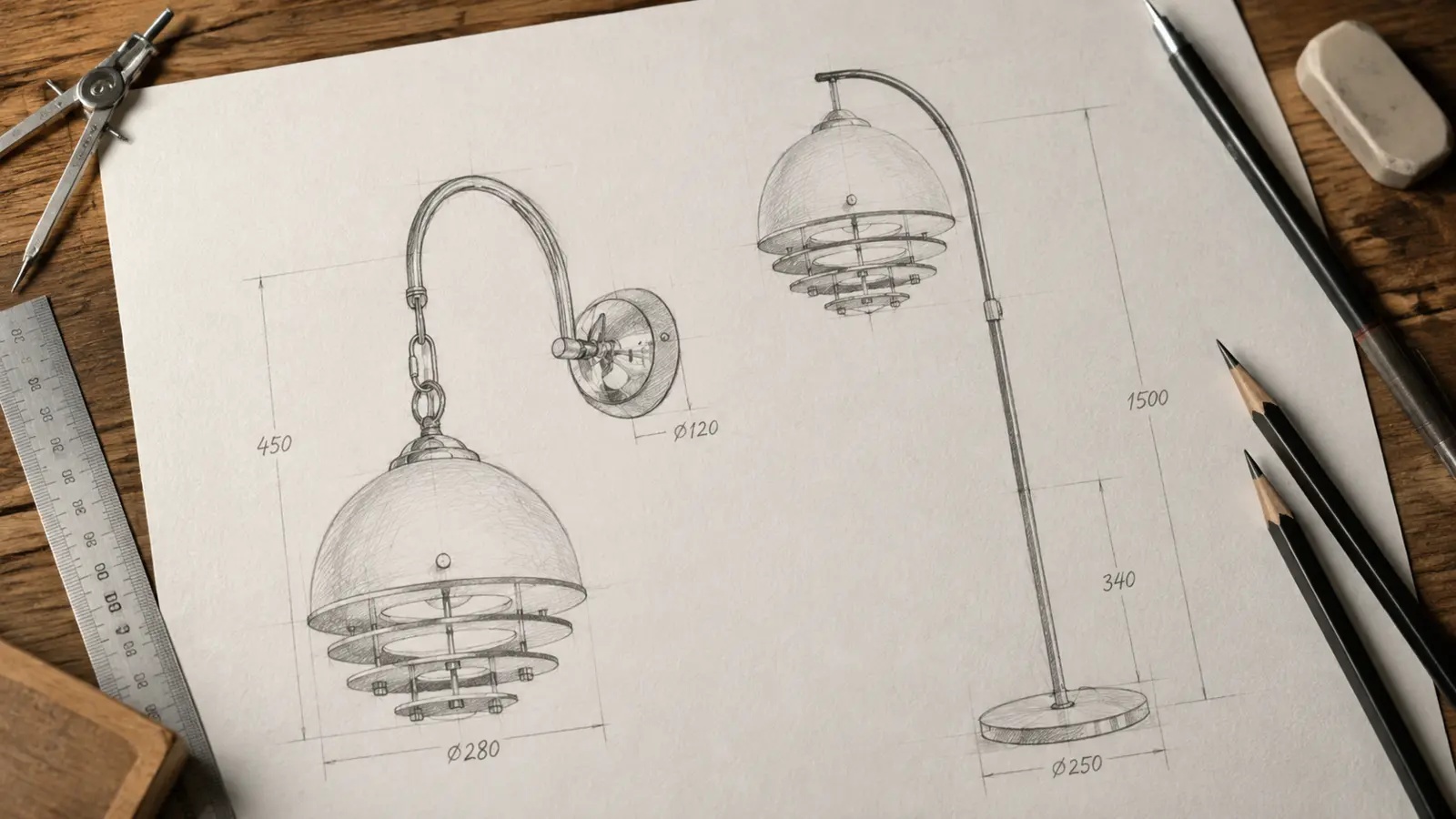 Original lighting design sketches and dimensions