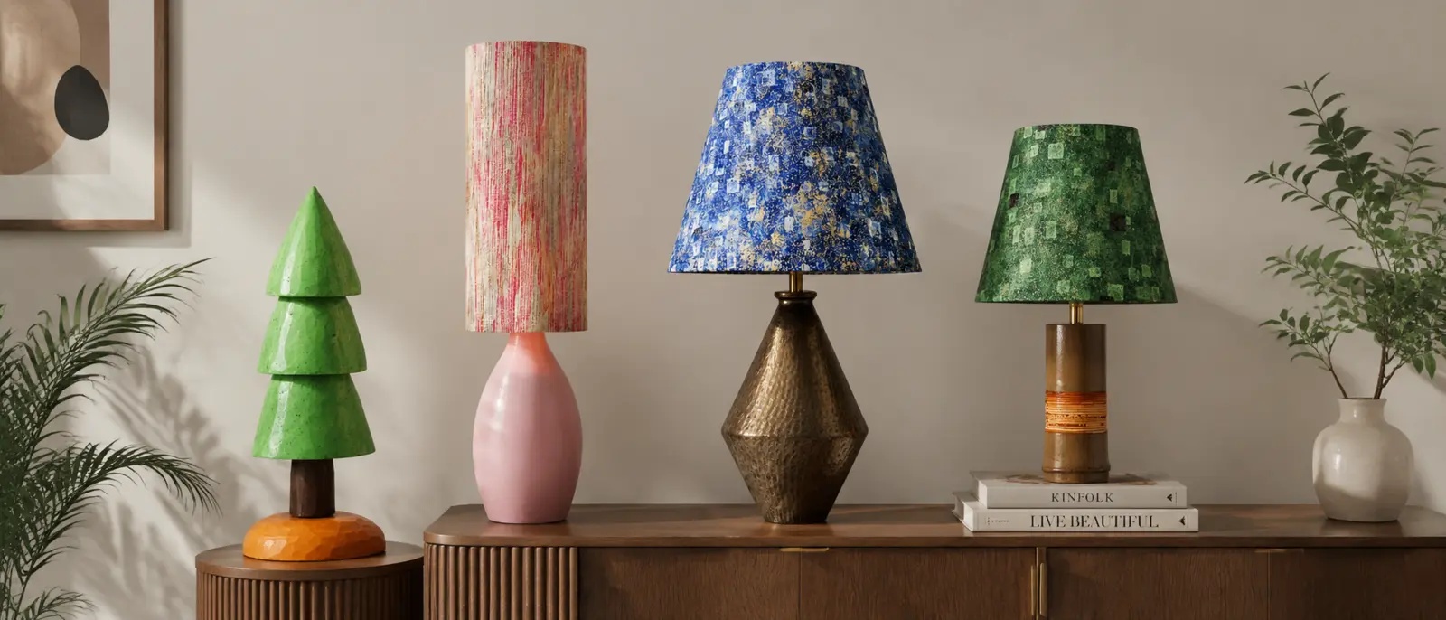 Complete collection of colorful sculptural table lamps