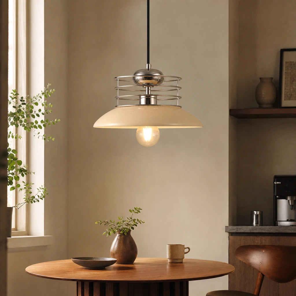 Retro UFO pendant light installed above a dining table
