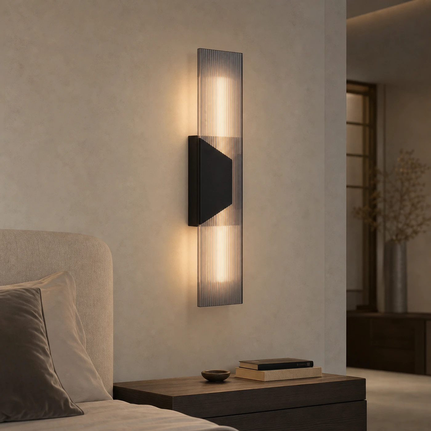 Modern smoked acrylic wall lamp in a calm bedroom setting
