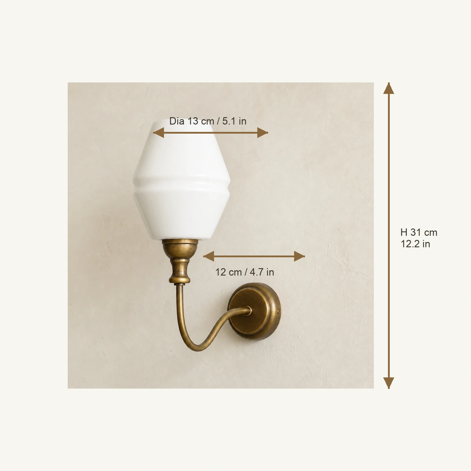 Vintage brass glass wall light size diagram