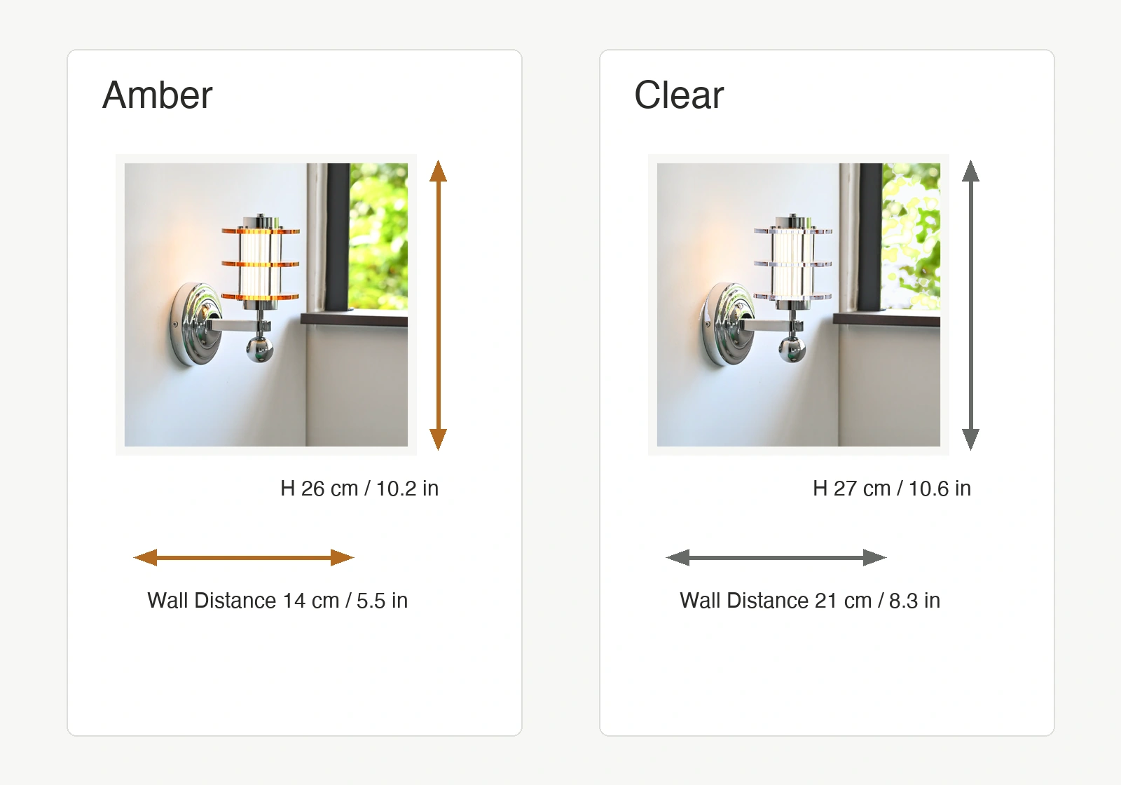 Chrome acrylic wall light dimension diagram with cm and inch values