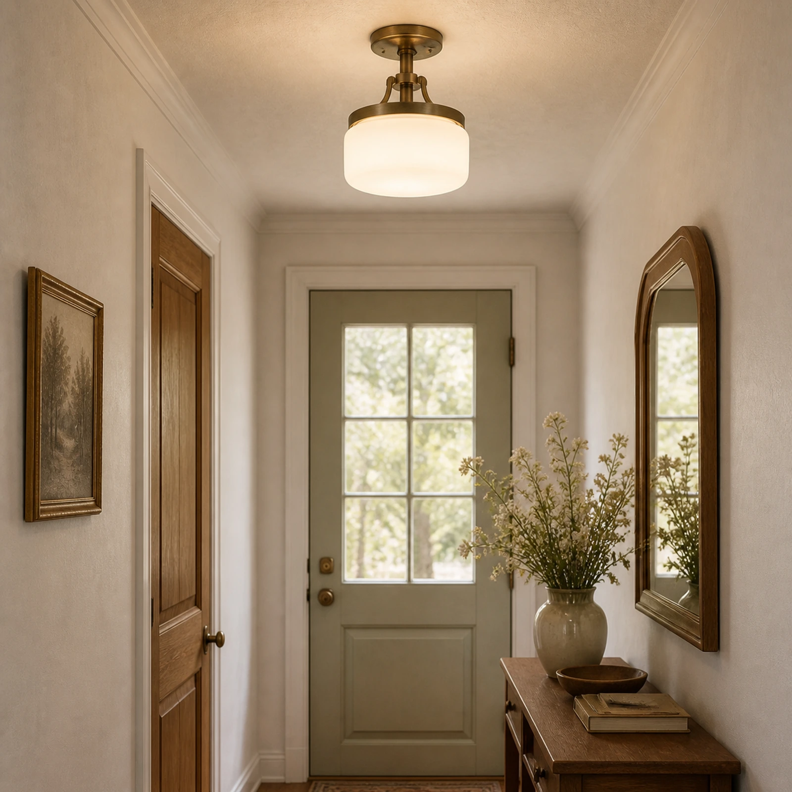 Milk glass ceiling light in a compact entryway
