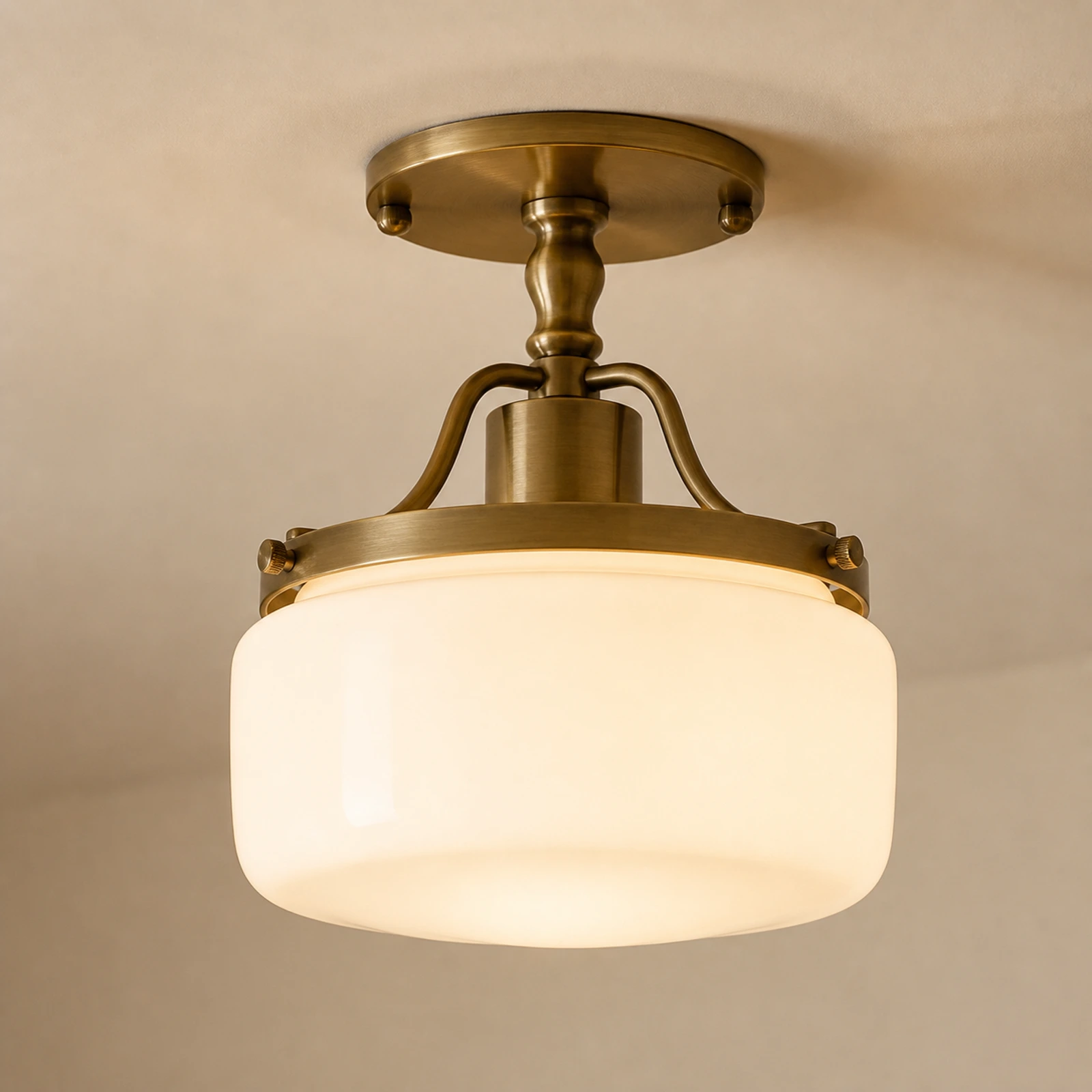 Close detail of glowing milk glass drum shade