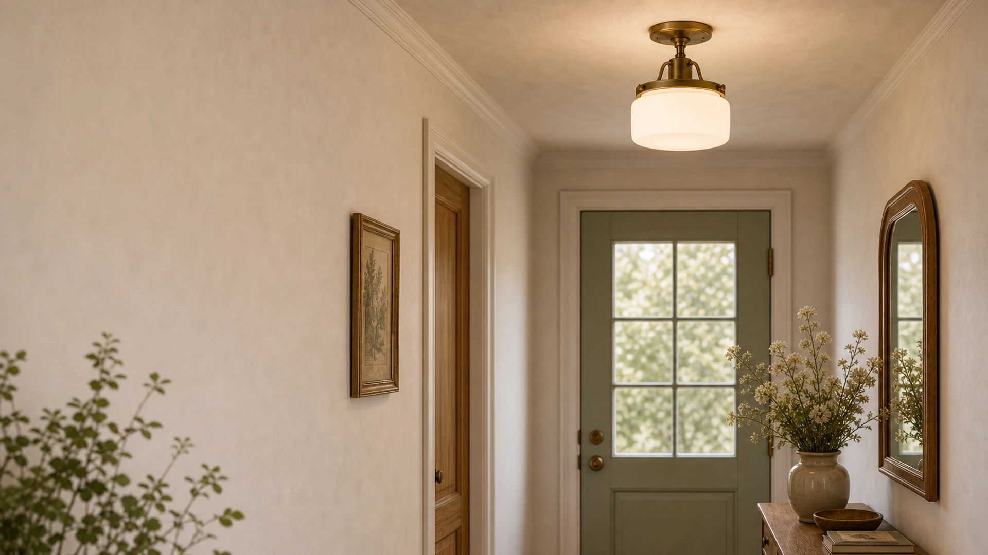Vintage milk glass drum ceiling light in a warm hallway