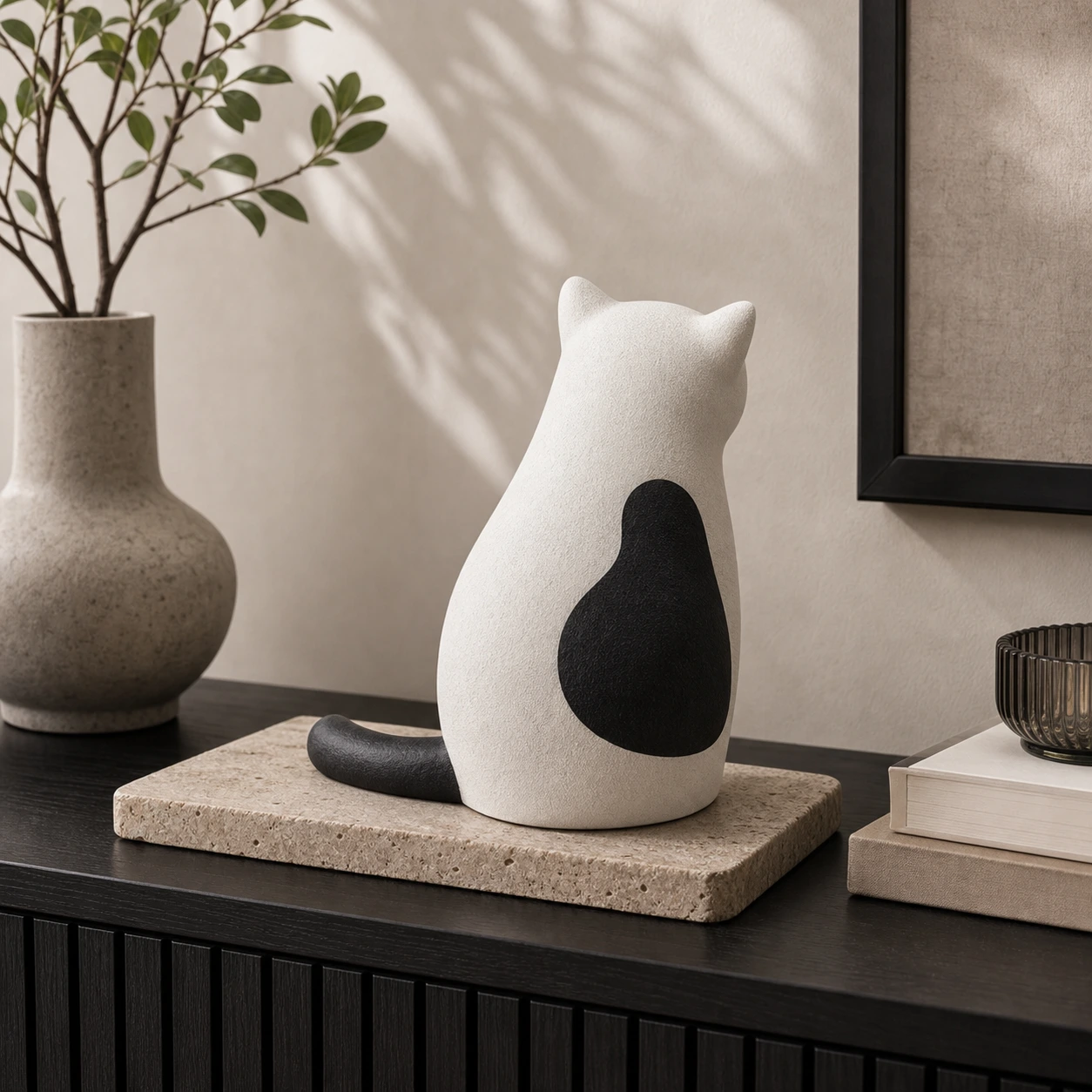 White and black cat ornament on a console table