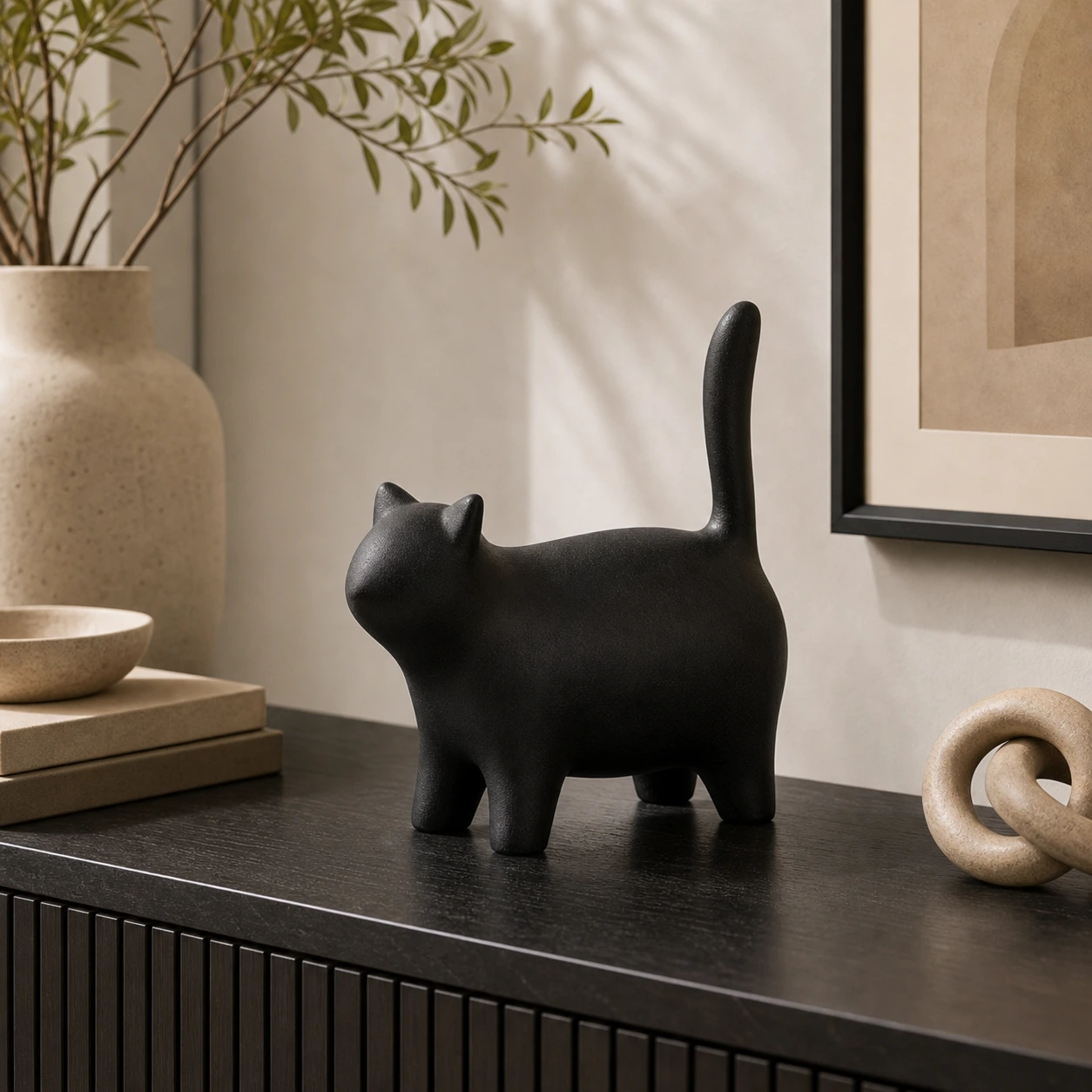 Black standing cat ornament styled on a console table