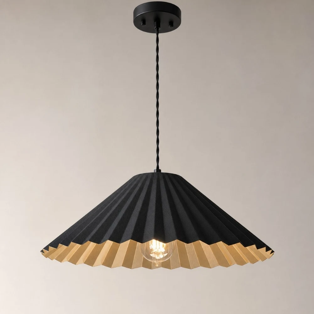 Black pendant lamp ceiling canopy and pleated shade detail