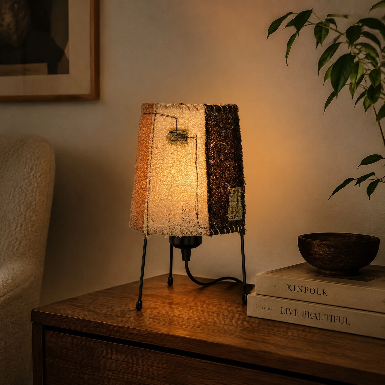 Natural woven fiber table lamp glowing on nightstand