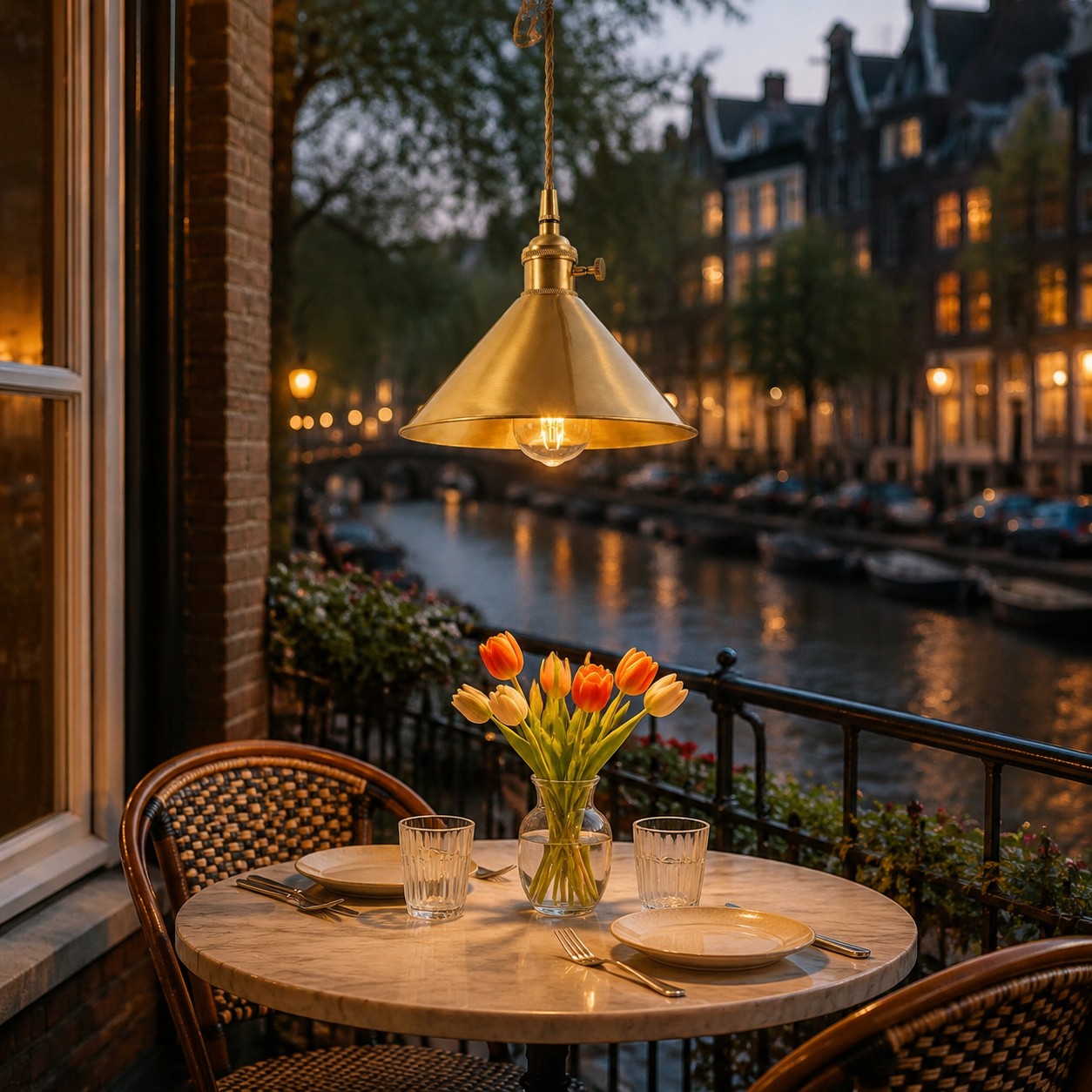 Copper pendant light beside a window at night