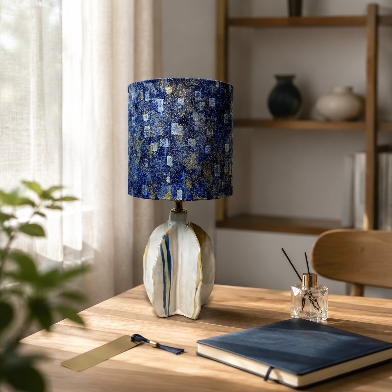Blue abstract ceramic table lamp on a styled desk