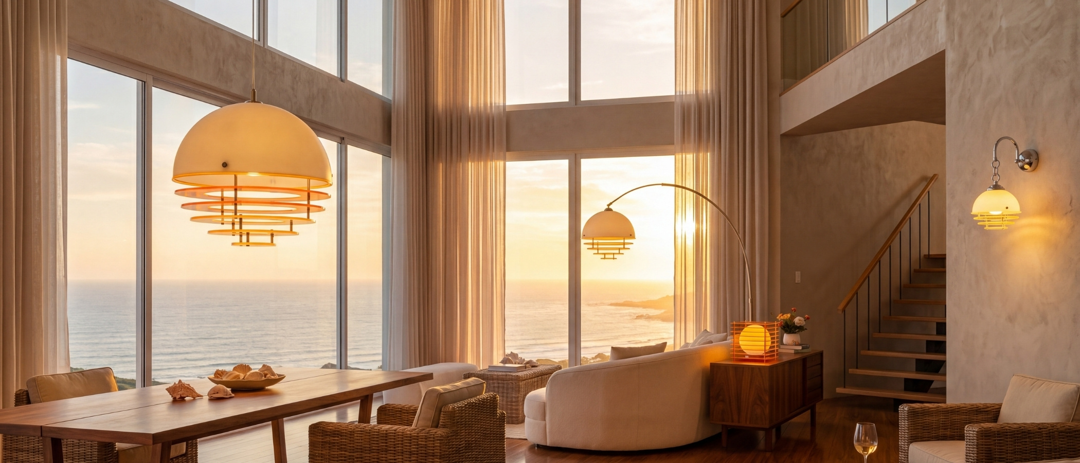 Afterglow Sunset Curved Floor Lamp en un espacio interior al atardecer