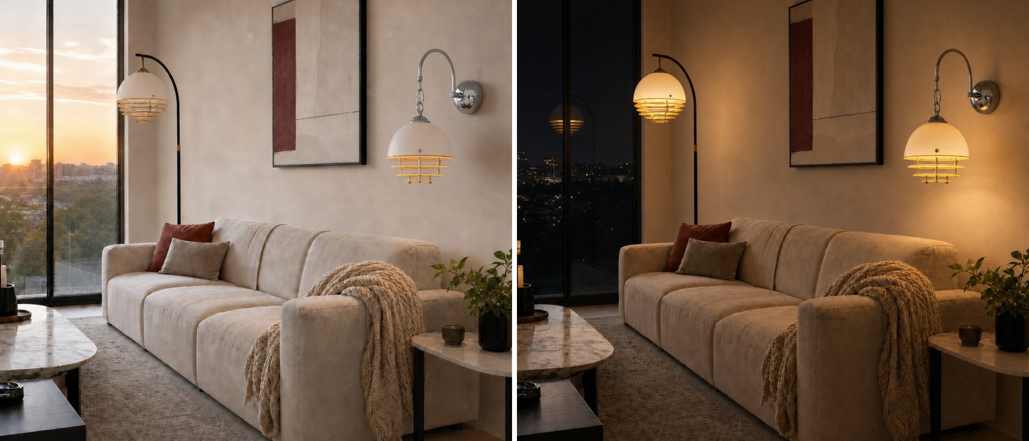Lámpara Afterglow iluminando una sala moderna por la noche