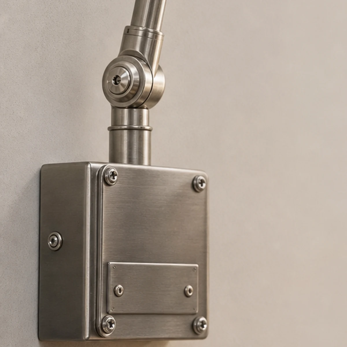 Close-up detail of brushed iron wall plate, screws, and lower pivot joint