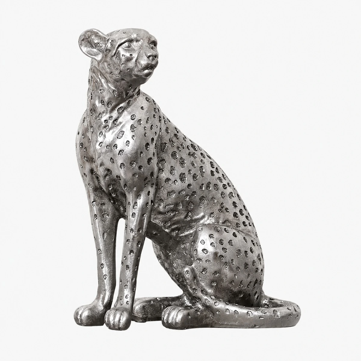 Large sitting silver leopard sculpture