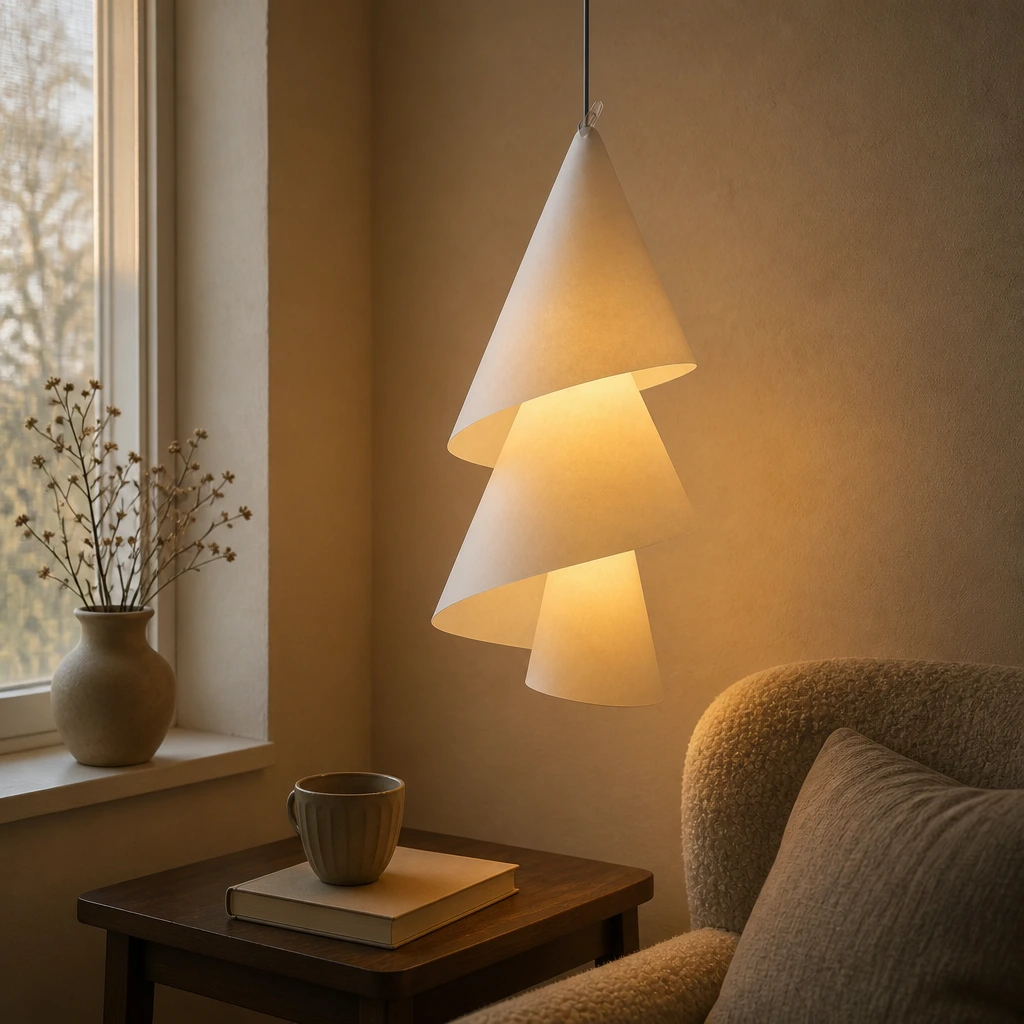 Complete paper pendant light in a reading corner interior