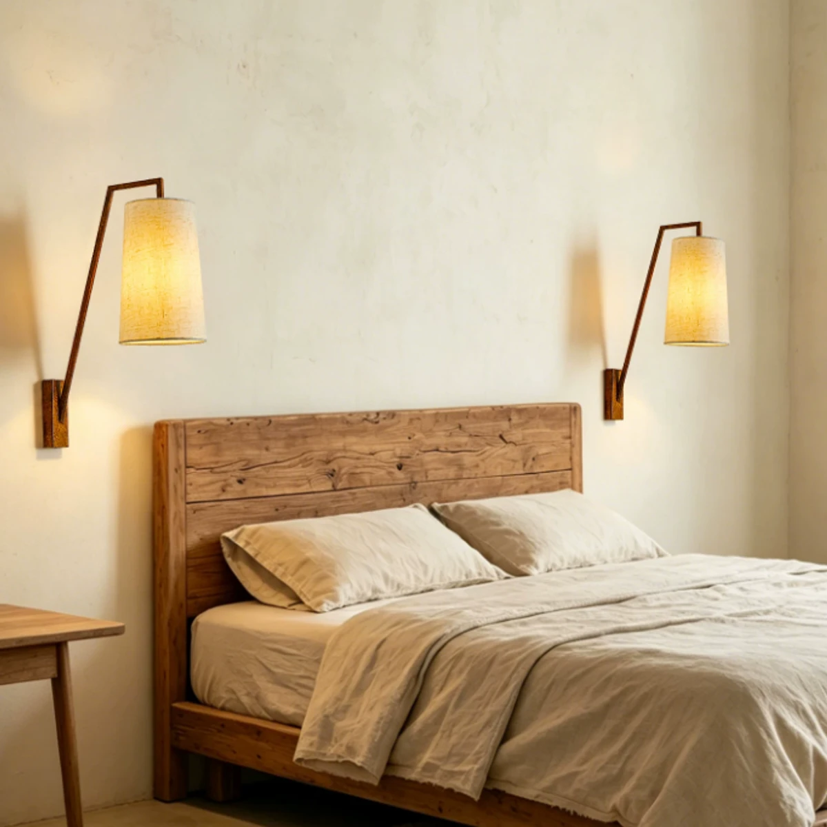 Pair of vintage fabric shade wall lamps in a bedroom