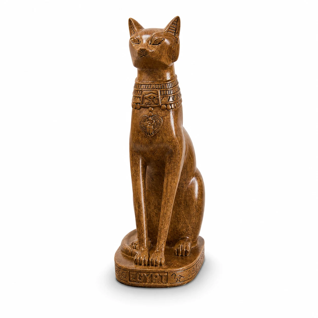 Antique brown Egyptian cat statue on white background