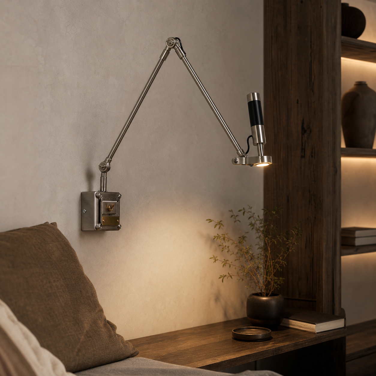 Brushed iron adjustable swing arm wall lamp in a warm bedroom reading corner