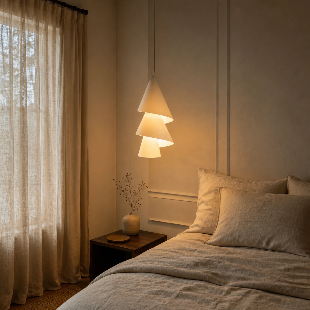 Complete paper pendant light in a warm bedroom interior
