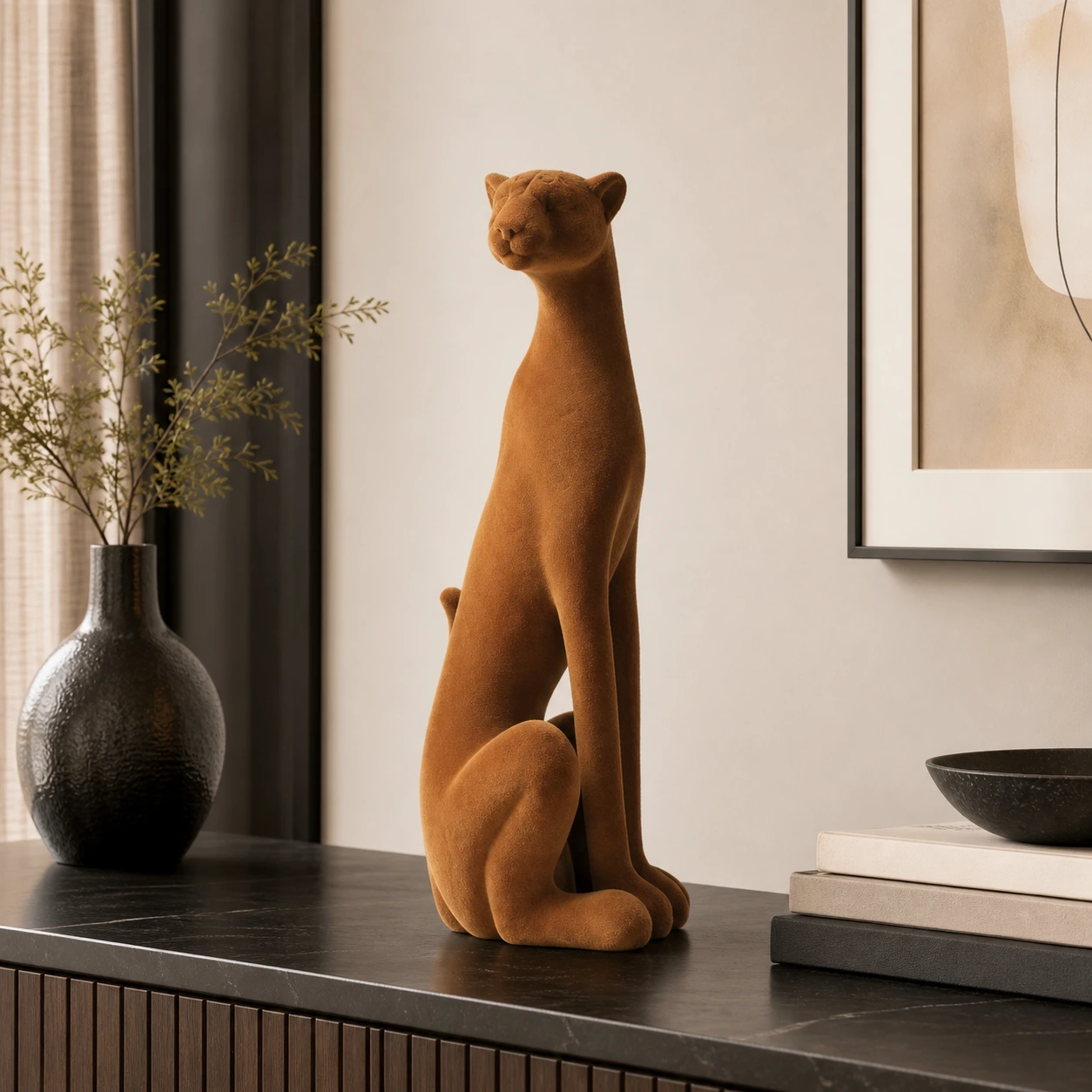 Brown flocked resin leopard sculpture Style B in a living room scene