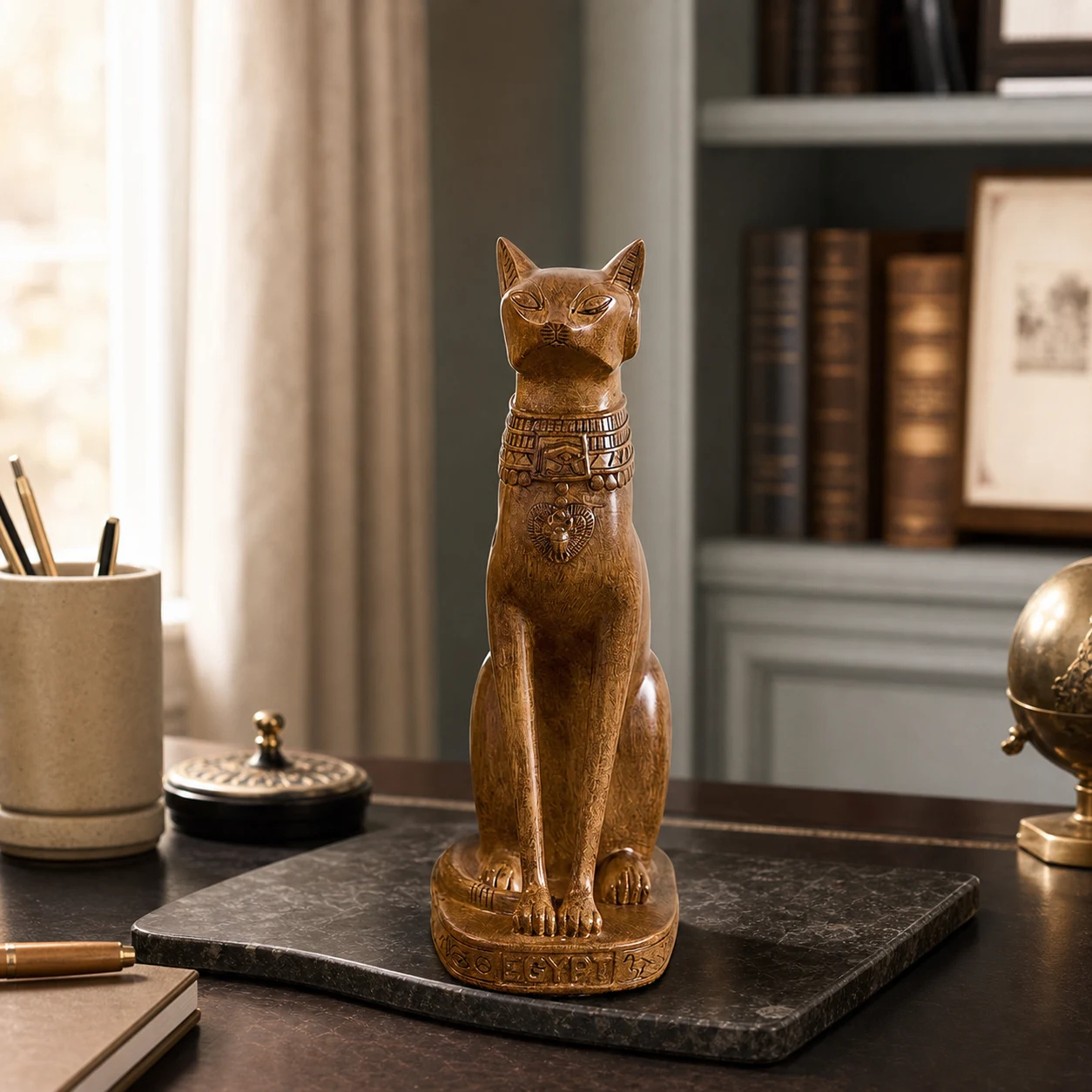Antique brown Egyptian cat statue styled on an office desk