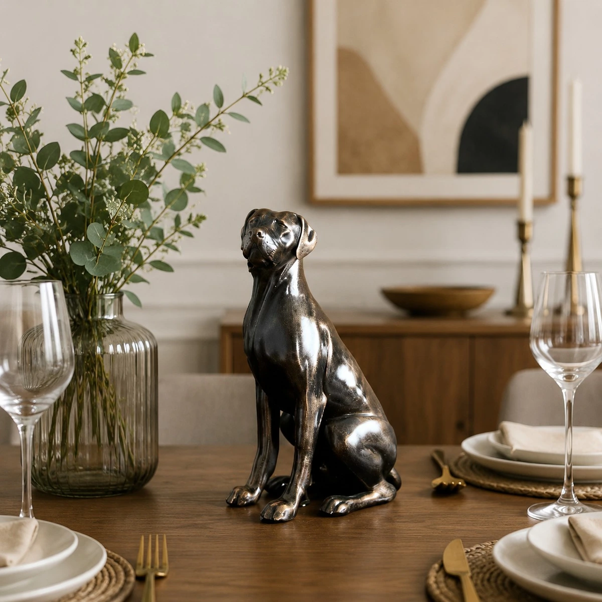 Black dog sculpture styled with glassware