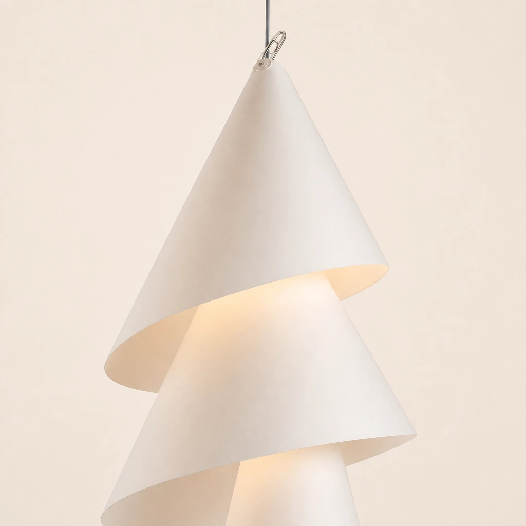 Warm close-up of layered paper cone shades and top clip