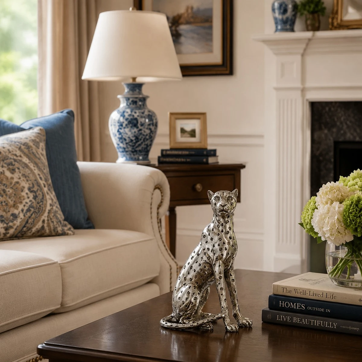 Small leopard sculpture on a living room table