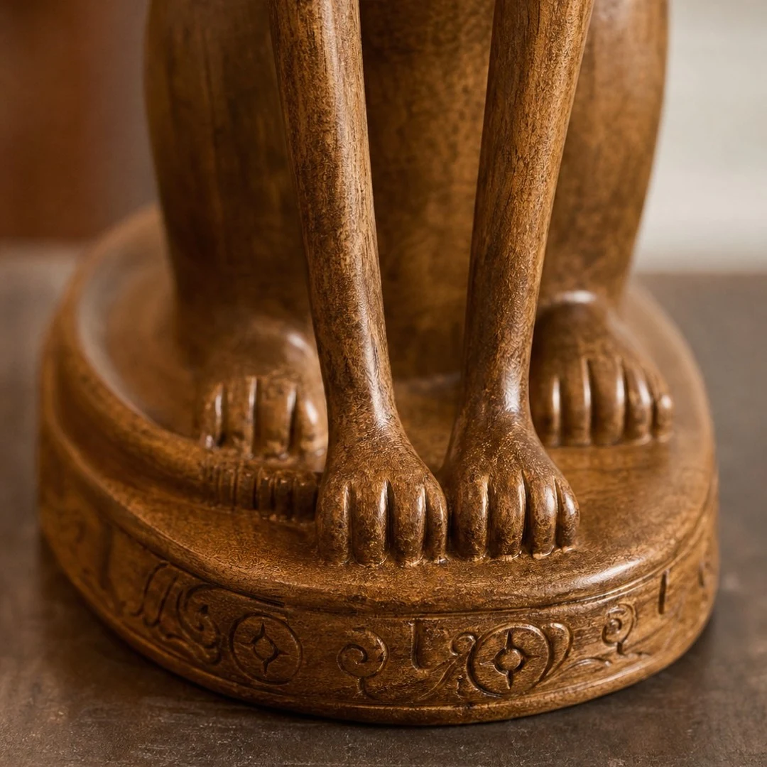 Close-up of the carved base and paw details