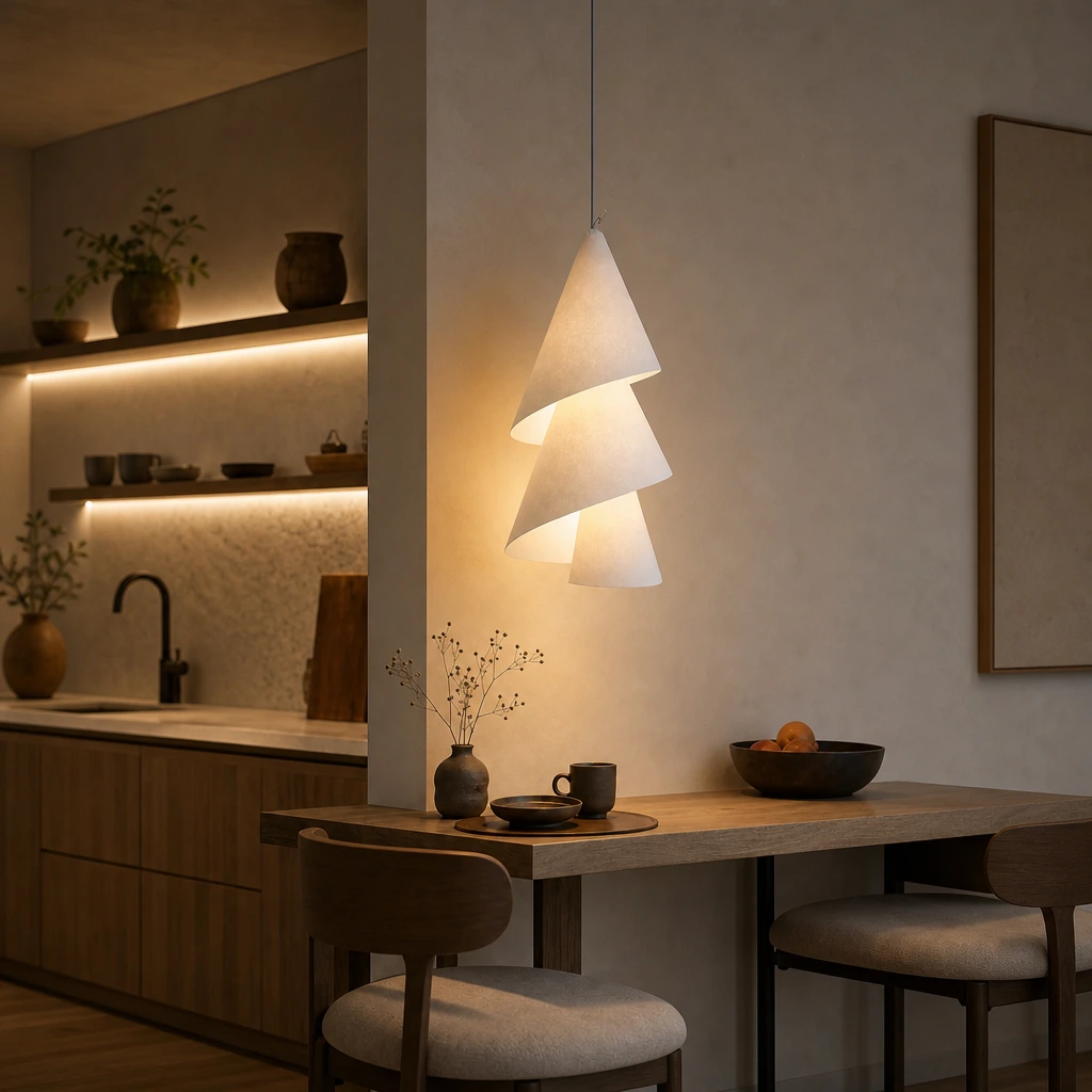 Complete paper pendant light in a warm European dining or bar interior