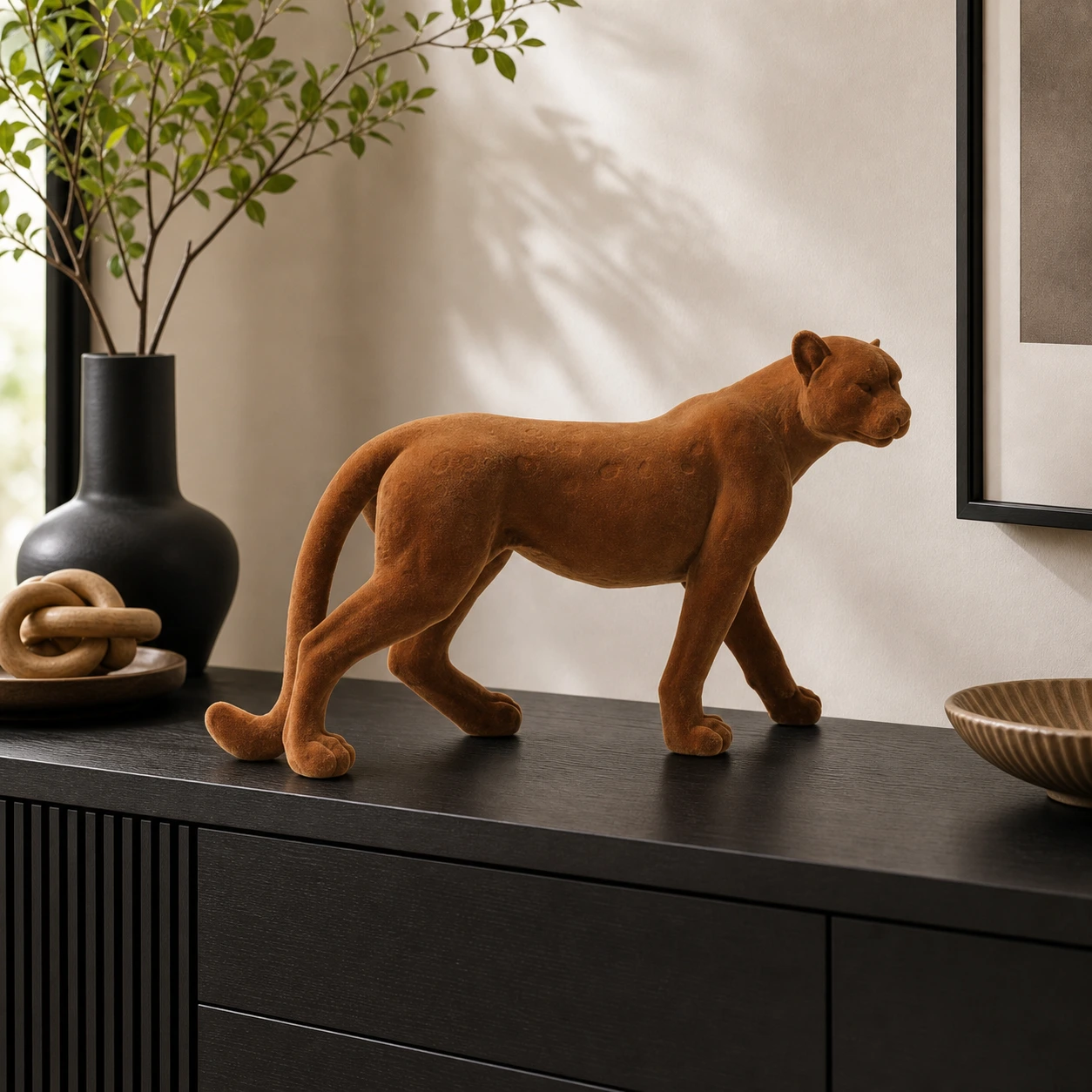 Brown flocked resin leopard sculpture Style A in a living room scene