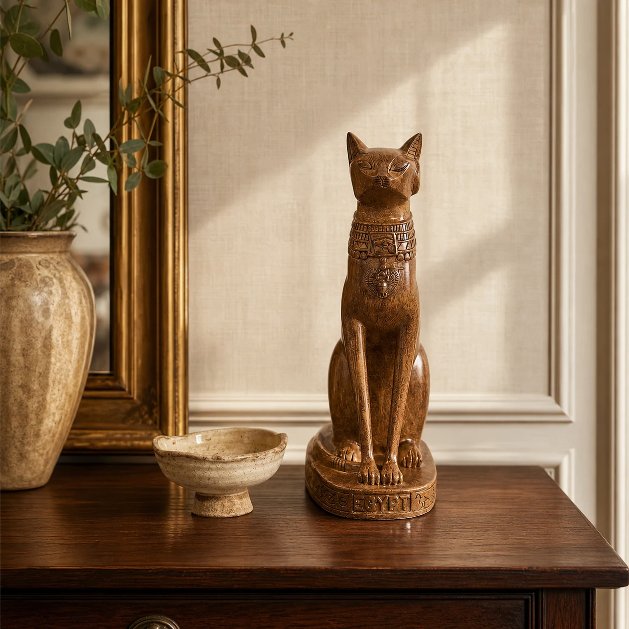 Antique brown Egyptian cat statue on a walnut console table