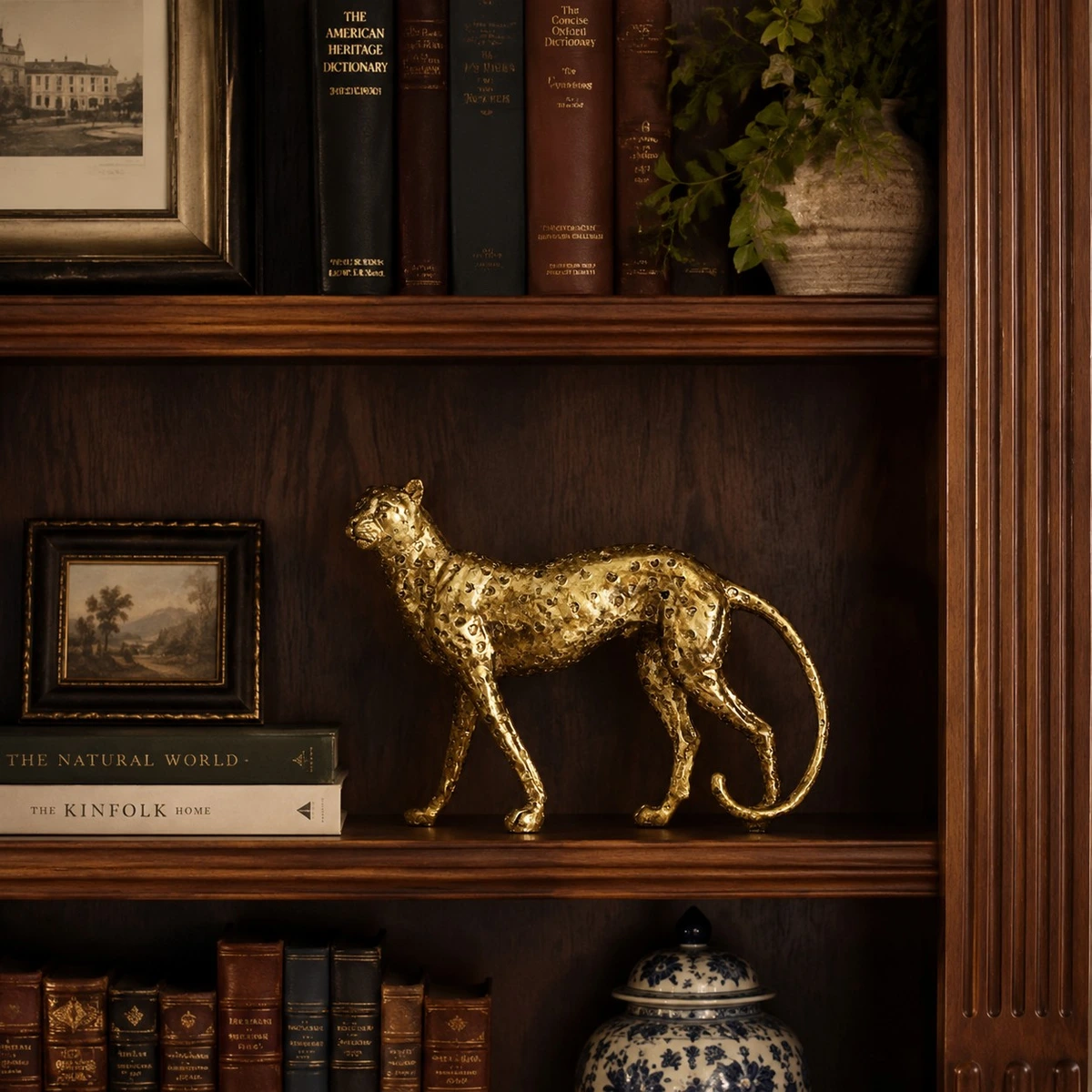 Standing gold shelf styling