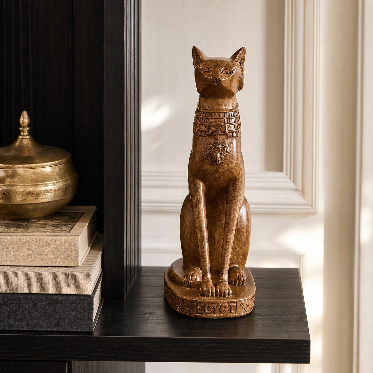 Antique brown Egyptian cat statue styled on a bookshelf