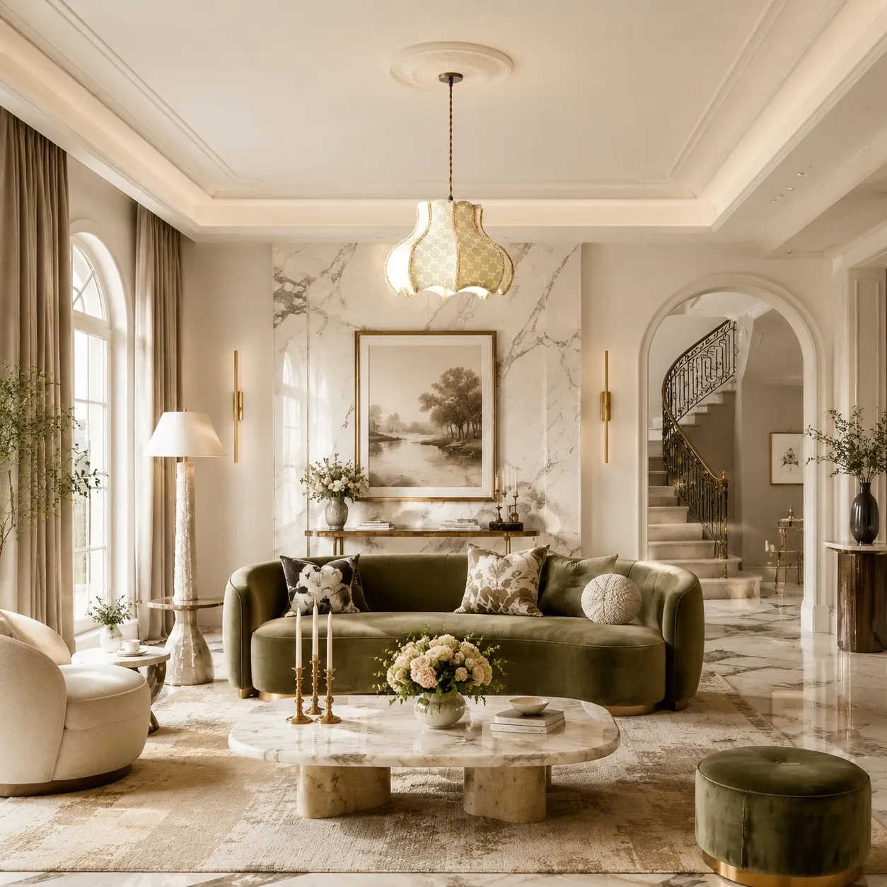 Sage floral fabric pendant light above a lounge seating area