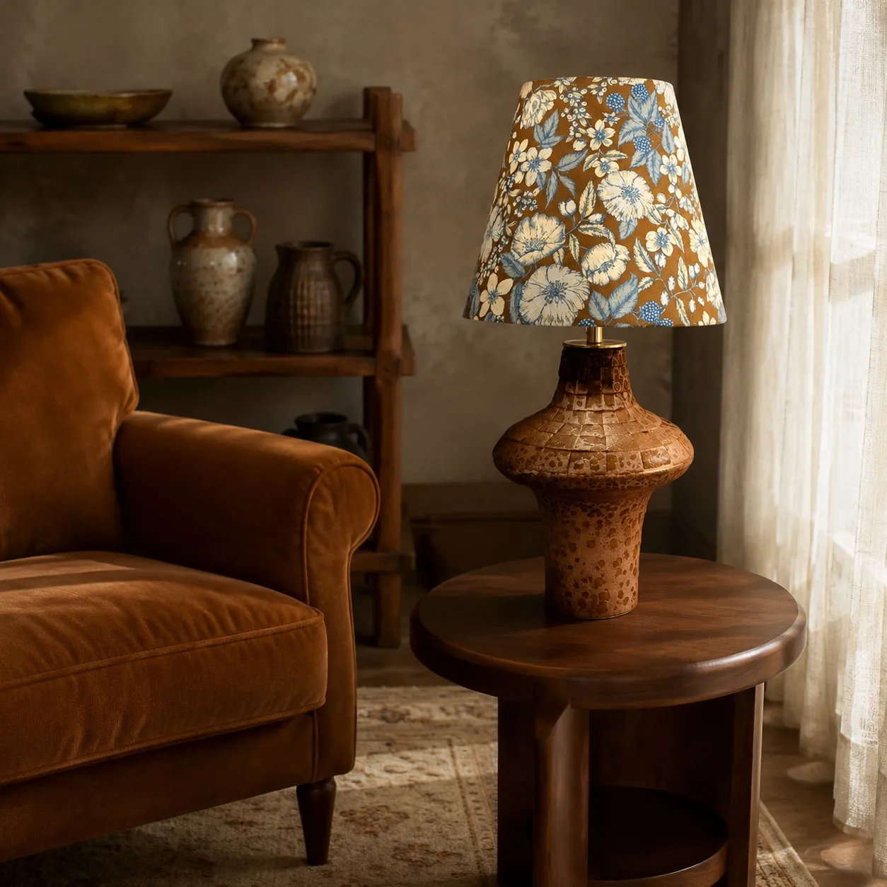 Blue floral ceramic table lamp beside a lounge chair