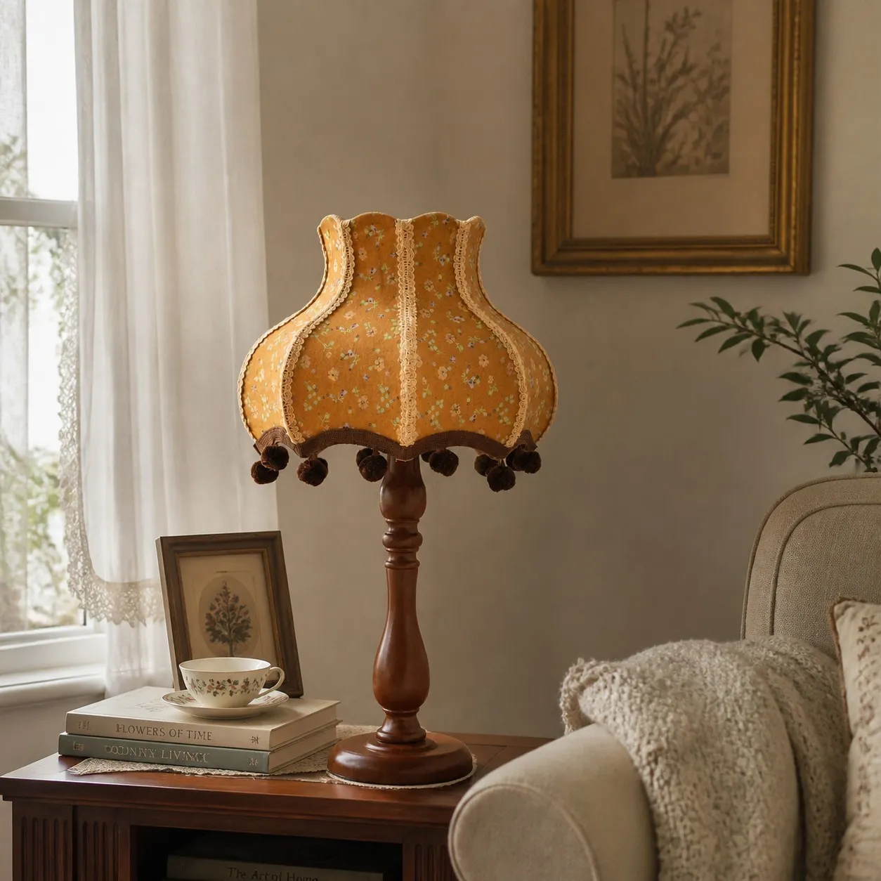 Vintage fabric table lamp beside a reading chair and window