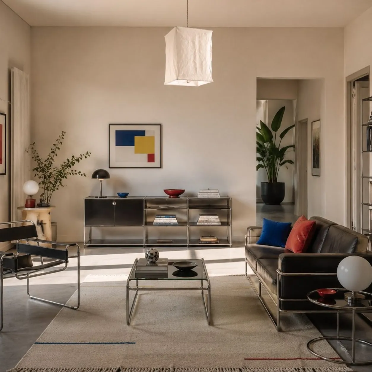 Sculptural linen pendant light installed in a modern living room