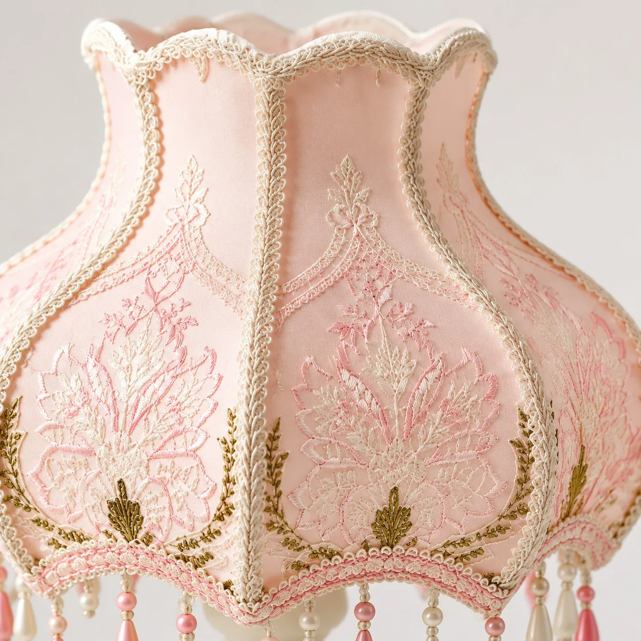 Pink embroidered fabric lampshade detail
