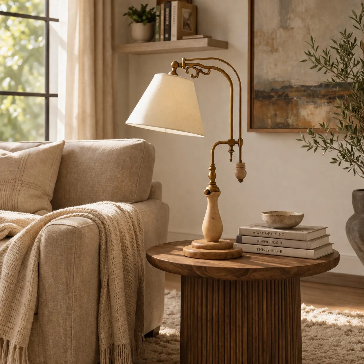 Beige Fabric vintage wood and brass-tone table lamp