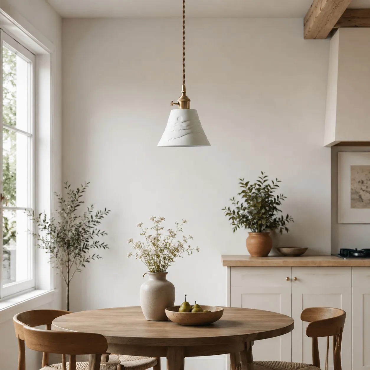 Ceramic pendant light installed near a bright dining corner